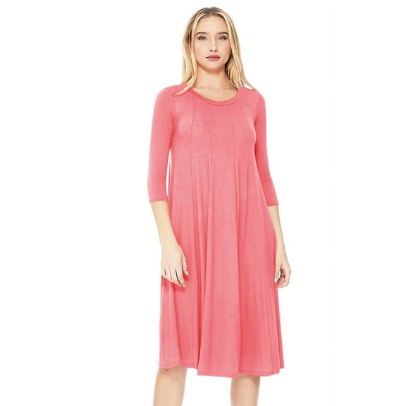 Moa Collection Women's Basic Round Neck 3/4 Sleeves A-line Casual Maxi Dress