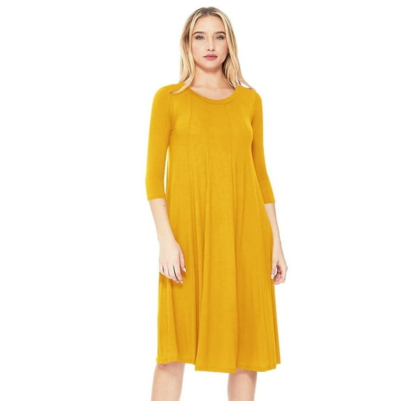 Moa Collection Women's Basic Round Neck 3/4 Sleeves A-line Casual Maxi Dress