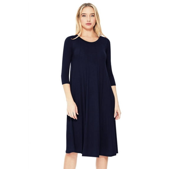 Moa Collection Women's Basic Round Neck 3/4 Sleeves A-line Casual Maxi Dress
