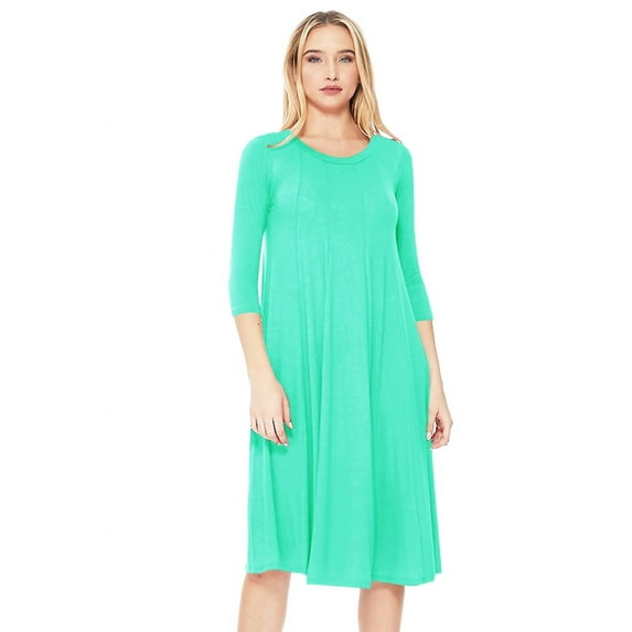 Moa Collection Women's Basic Round Neck 3/4 Sleeves A-line Casual Maxi Dress