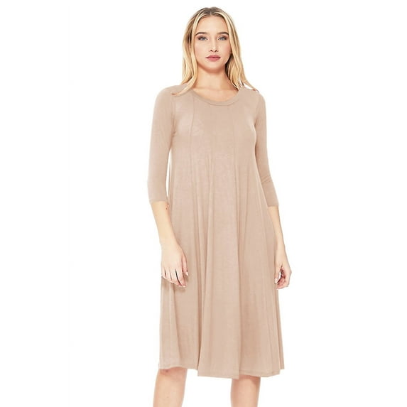 Moa Collection Women's Basic Round Neck 3/4 Sleeves A-line Casual Maxi Dress