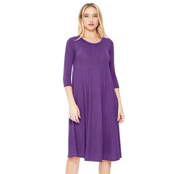 Moa Collection Women's Basic Round Neck 3/4 Sleeves A-line Casual Maxi Dress