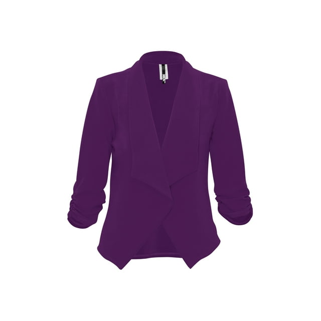 Moa Collection Women's Casual Fitted Blazer Draped Open Front with Ruched 3/4 Sleeves (S-3XL)