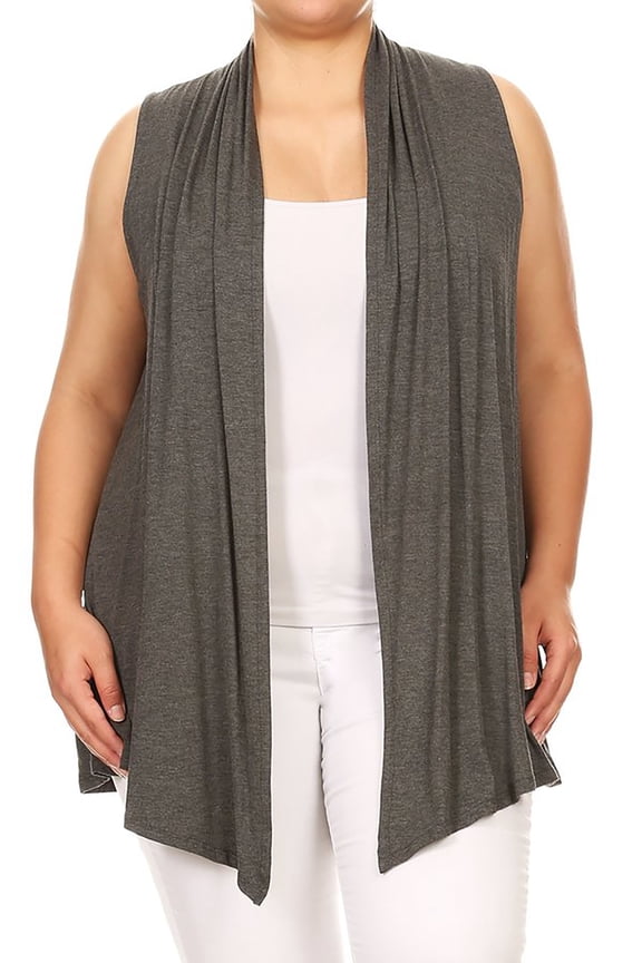 Women's Casual Basic Plus Size Loose Fit Long Body Draped Open Front Solid Cardigan Vest Made in USA