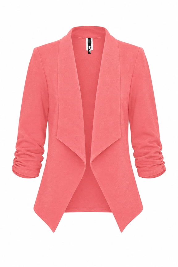 Women's Casual Fitted Blazer Draped Open Front with Ruched 3/4 Sleeves (S-3XL)