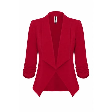 Women's Casual Fitted Blazer Draped Open Front with Ruched 3/4 Sleeves (S-3XL)