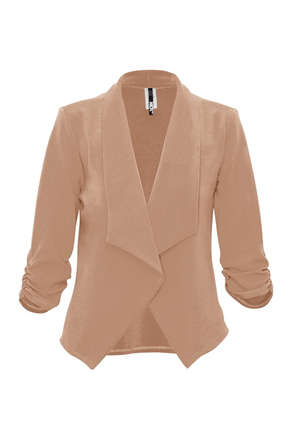 Women's Casual Fitted Blazer Draped Open Front with Ruched 3/4 Sleeves (S-3XL)
