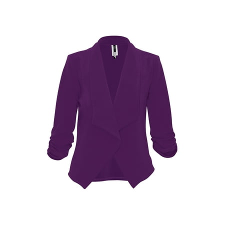 Women's Casual Fitted Blazer Draped Open Front with Ruched 3/4 Sleeves (S-3XL)