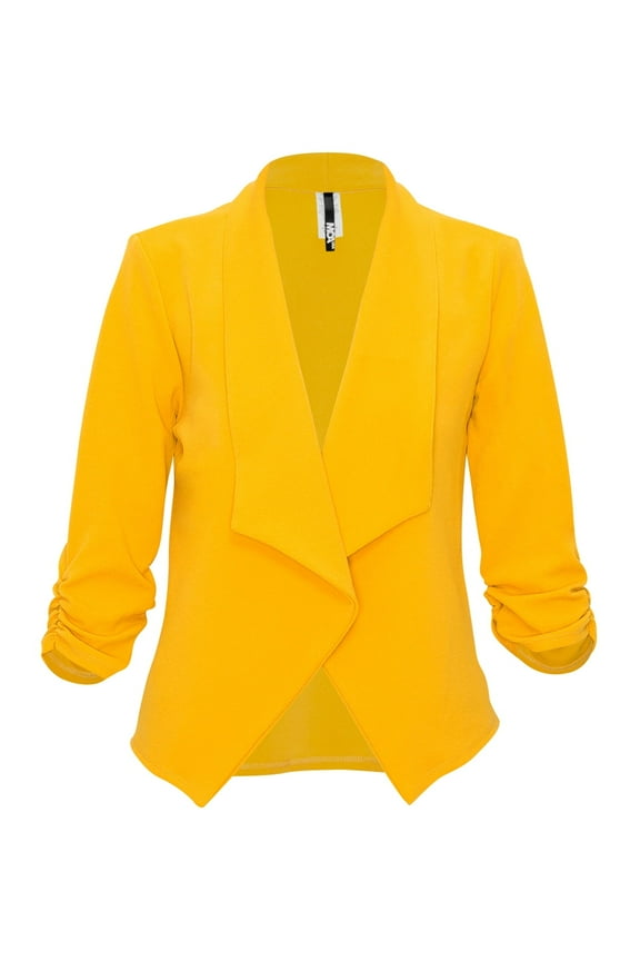 Moa Collection Women's Casual Fitted Blazer Draped Open Front with Ruched 3/4 Sleeves (S-3XL)