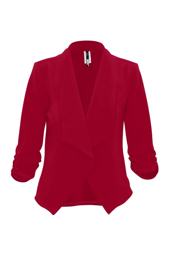 Moa Collection Women's Casual Fitted Blazer Draped Open Front with Ruched 3/4 Sleeves (S-3XL)