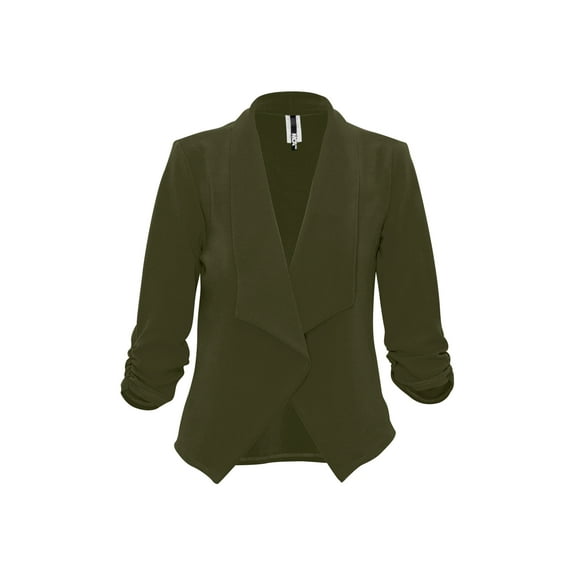 Moa Collection Women's Casual Fitted Blazer Draped Open Front with Ruched 3/4 Sleeves (S-3XL)