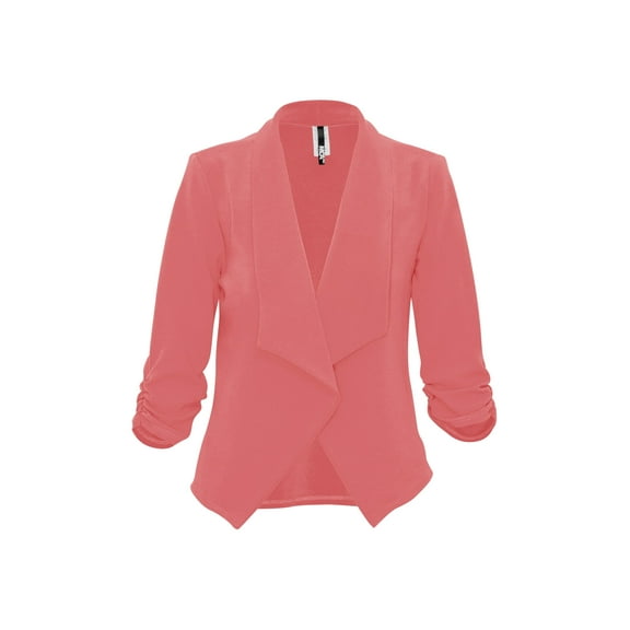 Moa Collection Women's Casual Fitted Blazer Draped Open Front with Ruched 3/4 Sleeves (S-3XL)