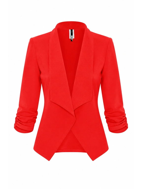 Women's Casual Fitted Blazer Draped Open Front with Ruched 3/4 Sleeves (S-3XL)