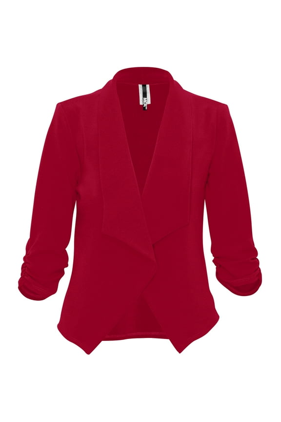 Women's Casual Fitted Blazer Draped Open Front with Ruched 3/4 Sleeves (S-3XL)