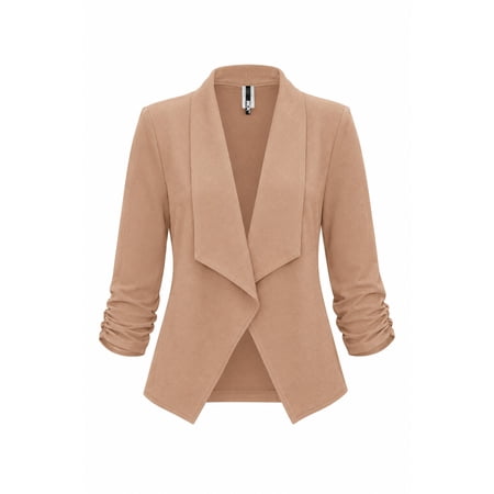 Women's Casual Fitted Blazer Draped Open Front with Ruched 3/4 Sleeves (S-3XL)