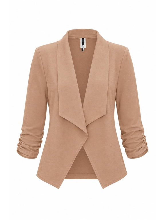 Women's Casual Fitted Blazer Draped Open Front with Ruched 3/4 Sleeves (S-3XL)