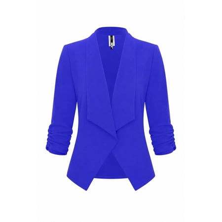 Women's Casual Fitted Blazer Draped Open Front with Ruched 3/4 Sleeves (S-3XL)