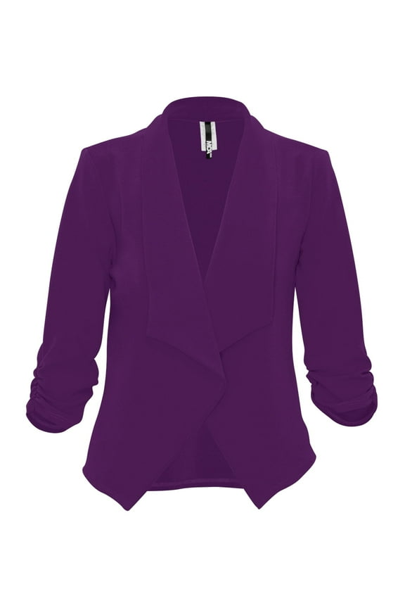 Moa Collection Women's Casual Fitted Blazer Draped Open Front with Ruched 3/4 Sleeves (S-3XL)