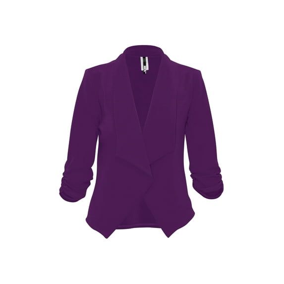Moa Collection Women's Casual Fitted Blazer Draped Open Front with Ruched 3/4 Sleeves (S-3XL)