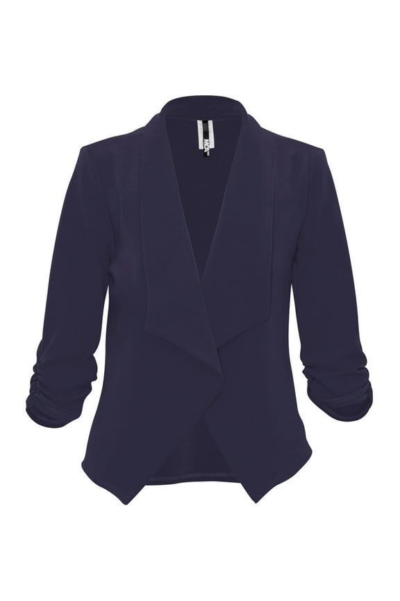 Women's Casual Fitted Blazer Draped Open Front with Ruched 3/4 Sleeves (S-3XL)