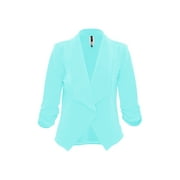 FASHIONSTREAM Moa Collection Women's Casual Fitted Blazer Draped Open Front with Ruched 3/4 Sleeves (S-3XL)