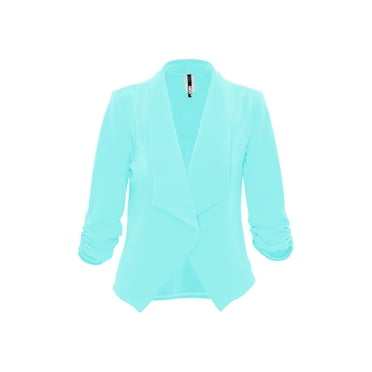 Moa Collection Women's Casual Fitted Blazer Draped Open Front with Ruched 3/4 Sleeves (S-3XL)
