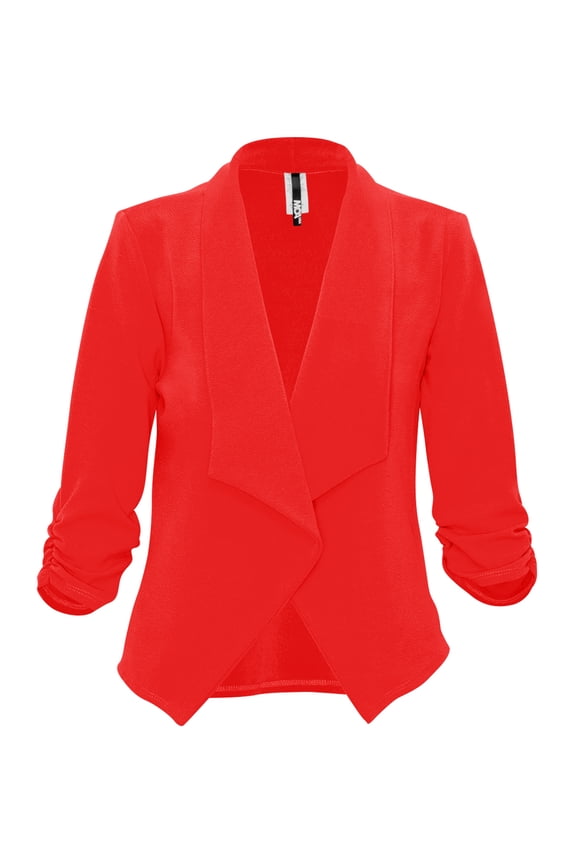 Women's Casual Fitted Blazer Draped Open Front with Ruched 3/4 Sleeves (S-3XL)