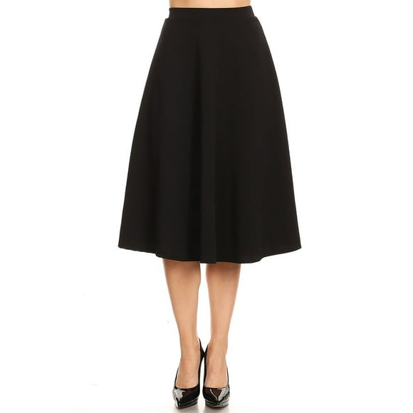 Moa Collection Women's Casual High Waist A-Line Midi Skirt with Elastic Waistband