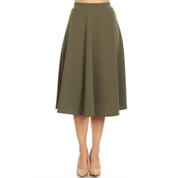 Moa Collection Women's Casual High Waist A-Line Midi Skirt with Elastic Waistband