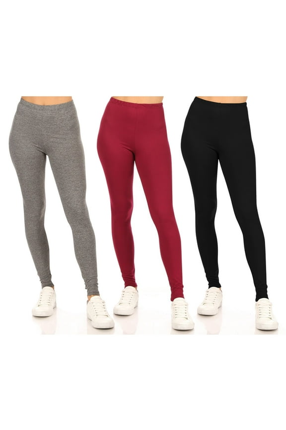 Women's Casual Stretch Pull on High Waist Solid Basic Leggings Pants S-3XL Pack of 3 Black-Burgundy-Heather Charcoal 1XL