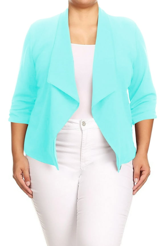 Moa Collection Women's Chic Plus Size Office Blazer – Rolled Up 3/4 Sleeves Open Front