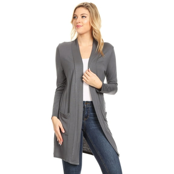 Moa Collection Women's Classic Open Front Long Sleeve Cardigan with Side Pockets