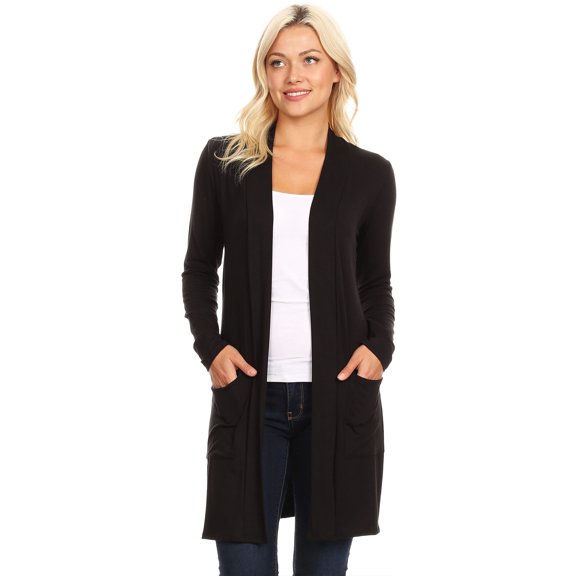 Moa Collection Women's Classic Open Front Long Sleeve Cardigan with Side Pockets