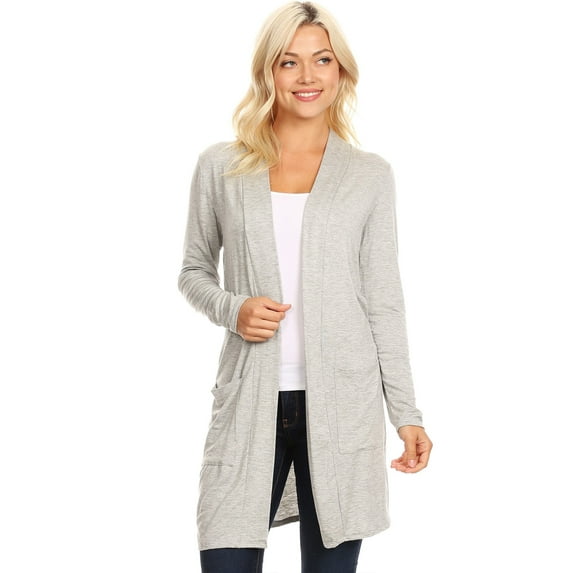 Moa Collection Women's Classic Open Front Long Sleeve Cardigan with Side Pockets