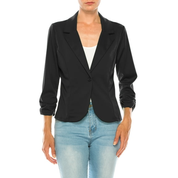 Moa Collection Women's Fitted Solid Blazer with Button Closure and Ruched Sleeves