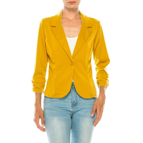 Moa Collection Women's Fitted Solid Blazer with Button Closure and Ruched Sleeves