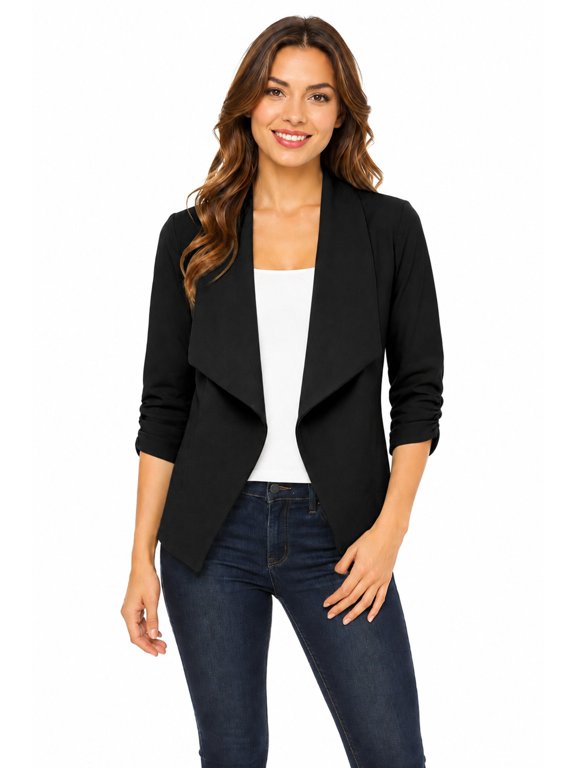 Women's Fitted Waist Length Jacket Open Front Draped Neck Ruched Sleeves