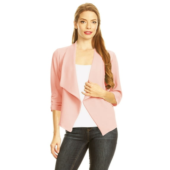 Women's Fitted Waist Length Jacket Open Front Draped Neck Ruched Sleeves