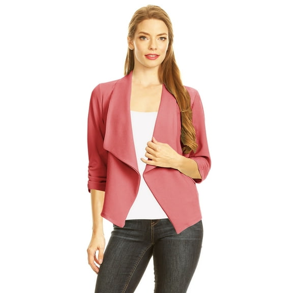 Women's Fitted Waist Length Jacket Open Front Draped Neck Ruched Sleeves