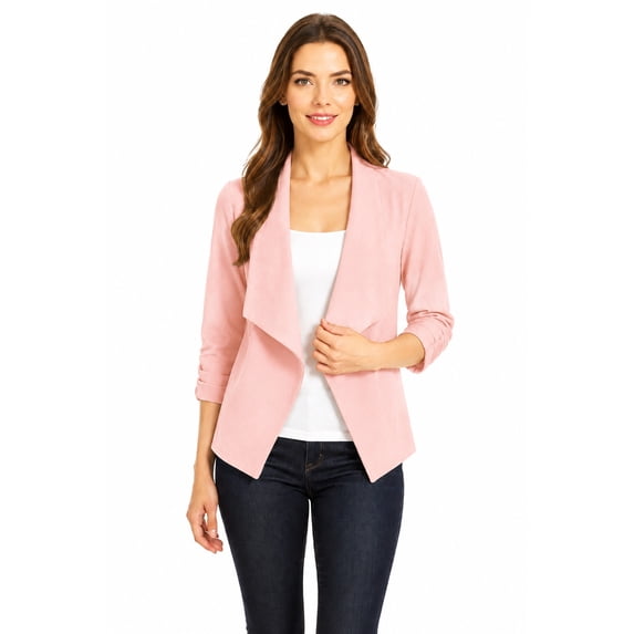 Women's Fitted Waist Length Jacket Open Front Draped Neck Ruched Sleeves