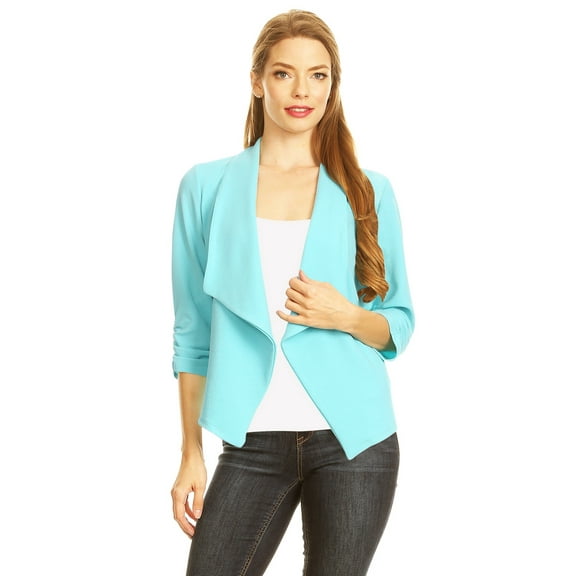 Women's Fitted Waist Length Jacket Open Front Draped Neck Ruched Sleeves