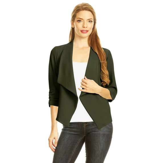 Women's Fitted Waist Length Jacket Open Front Draped Neck Ruched Sleeves