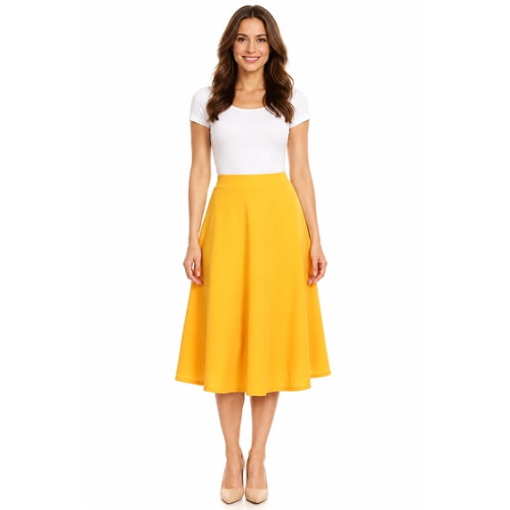 Women's Casual High Waist A-Line Midi Skirt with Elastic Waistband