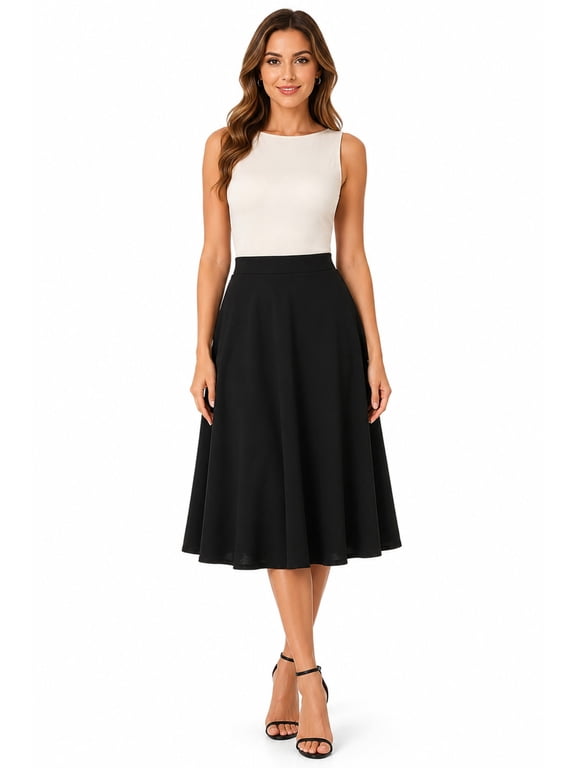 Women's Casual High Waist A-Line Midi Skirt with Elastic Waistband