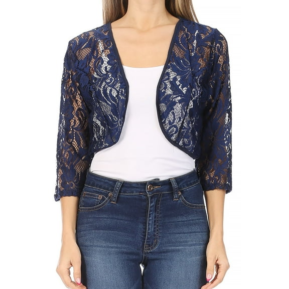 Moa Collection Women's Lace Crochet Bolero Open Cardigan with Sheer 3/4 Sleeves