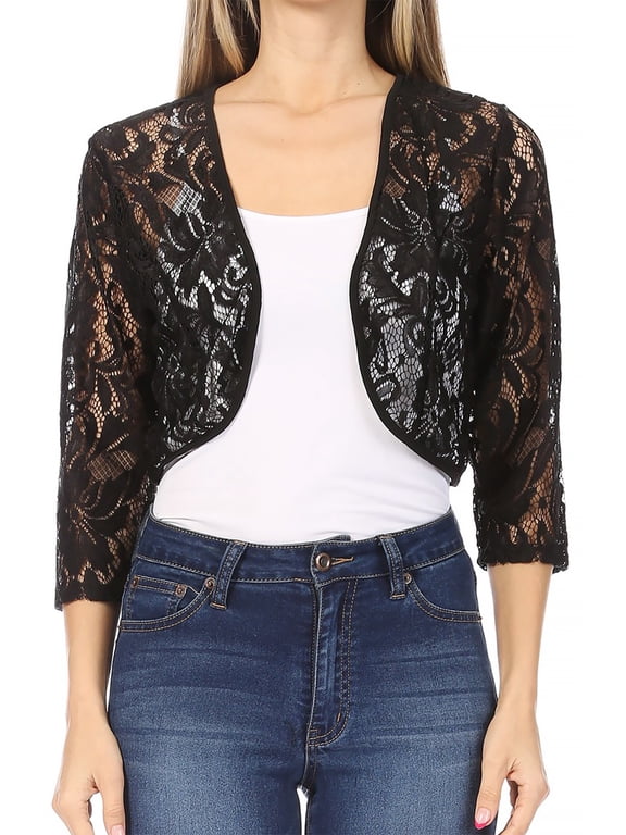Women's Casual Lace Bolero Crochet Cardigan 3/4 Sleeve Sheer Cover Up