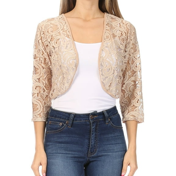 Women's Casual Lace Bolero Crochet Cardigan 3/4 Sleeve Sheer Cover Up