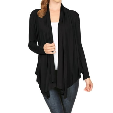 Moa Collection Women's Long Sleeve Draped Neck Open Front Waist Length Solid Cardigan