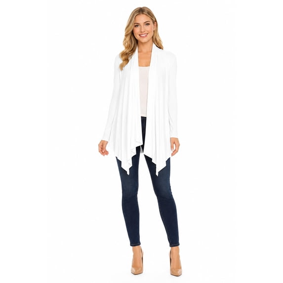 Moa Collection Women's Long Sleeve Draped Neck Open Front Waist Length Solid Cardigan
