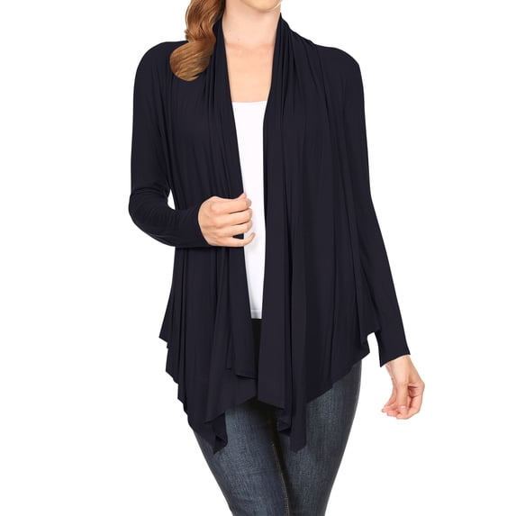 Moa Collection Women's Long Sleeve Draped Neck Open Front Waist Length Solid Cardigan